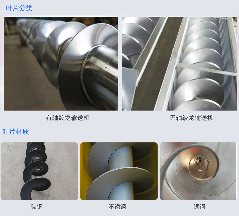 絞龍輸送機(jī)分為有軸和無軸絞龍輸送機(jī)，可根據(jù)物料不同選擇有碳鋼、不銹鋼、錳鋼等材質(zhì)。